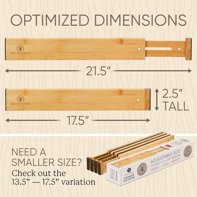 Night Tree Expandable Bamboo Drawer Dividers – drawer separators for Clothes, Kitchen Utensils, Bathroom, and Dresser Drawers (17.5" to 21.5") - Image 3